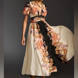 Anthropologie The Catalina Button-Front Cream & Black Floral Maxi Dress